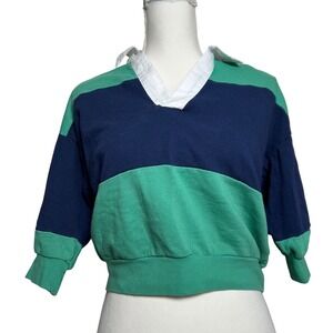 Colorblock Rugby Shirt White Collar Green Navy Preppy Retro 90s XS